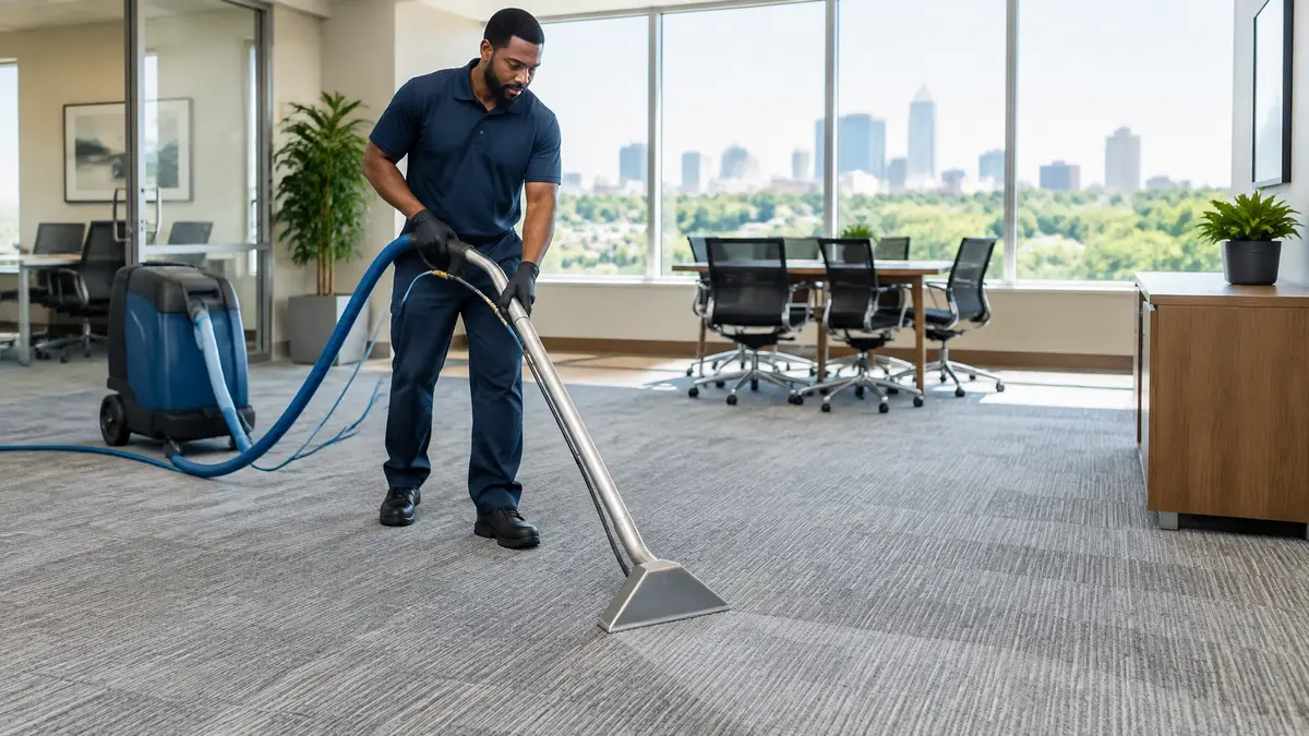 Commercial office carpet after deep cleaning with refreshed even fibers