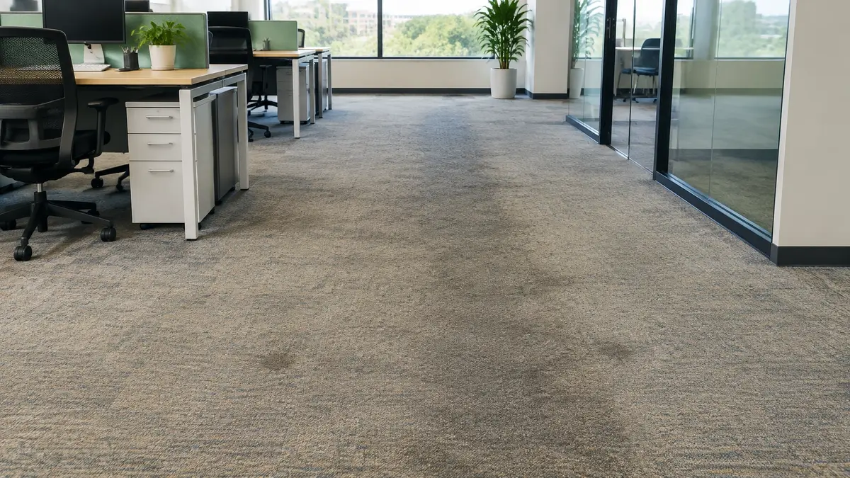 Commercial office carpet before deep cleaning with high-traffic darkening