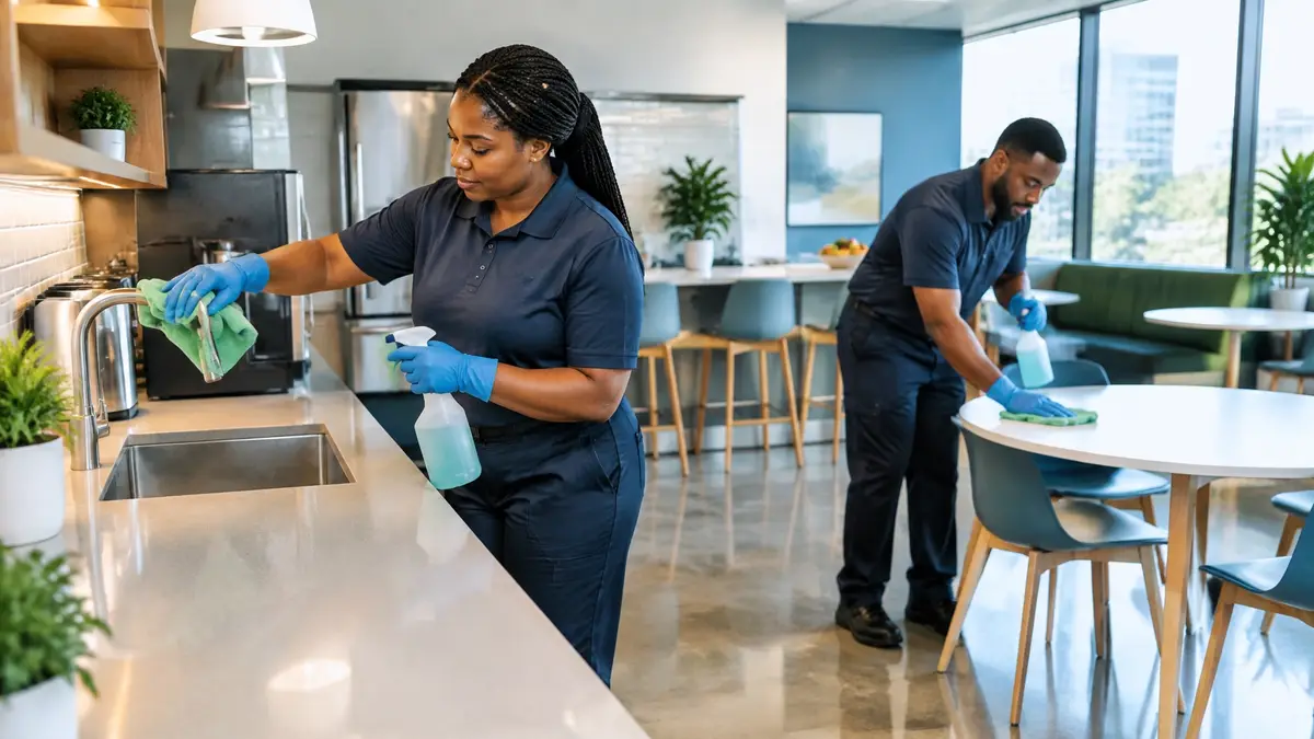 Commercial cleaners performing detailed deep cleaning in an office