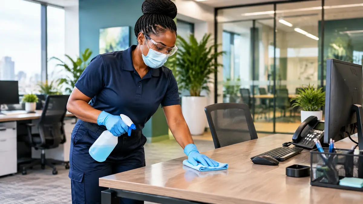 Commercial cleaner disinfecting high-touch surfaces in an office