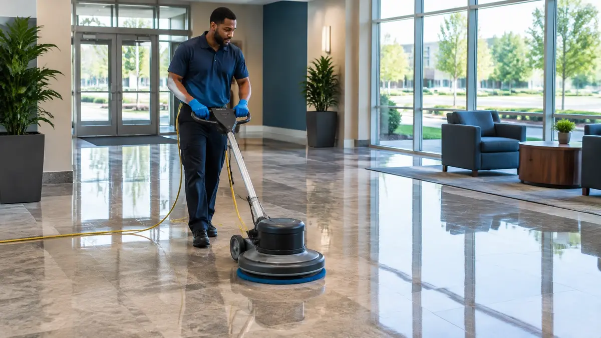 Commercial hard floor after scrubbing and finish care with an even clean sheen