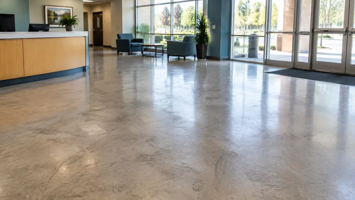Commercial hard floor before floor care with visible traffic marks