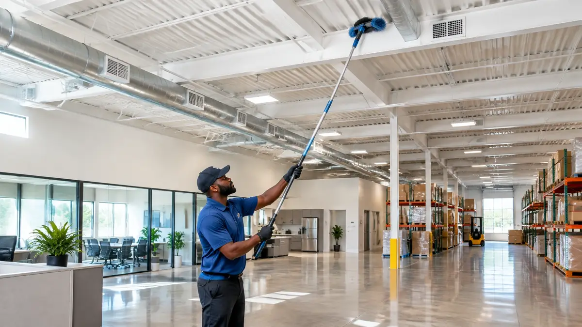Commercial ceiling area after high dusting with clean beams and vents