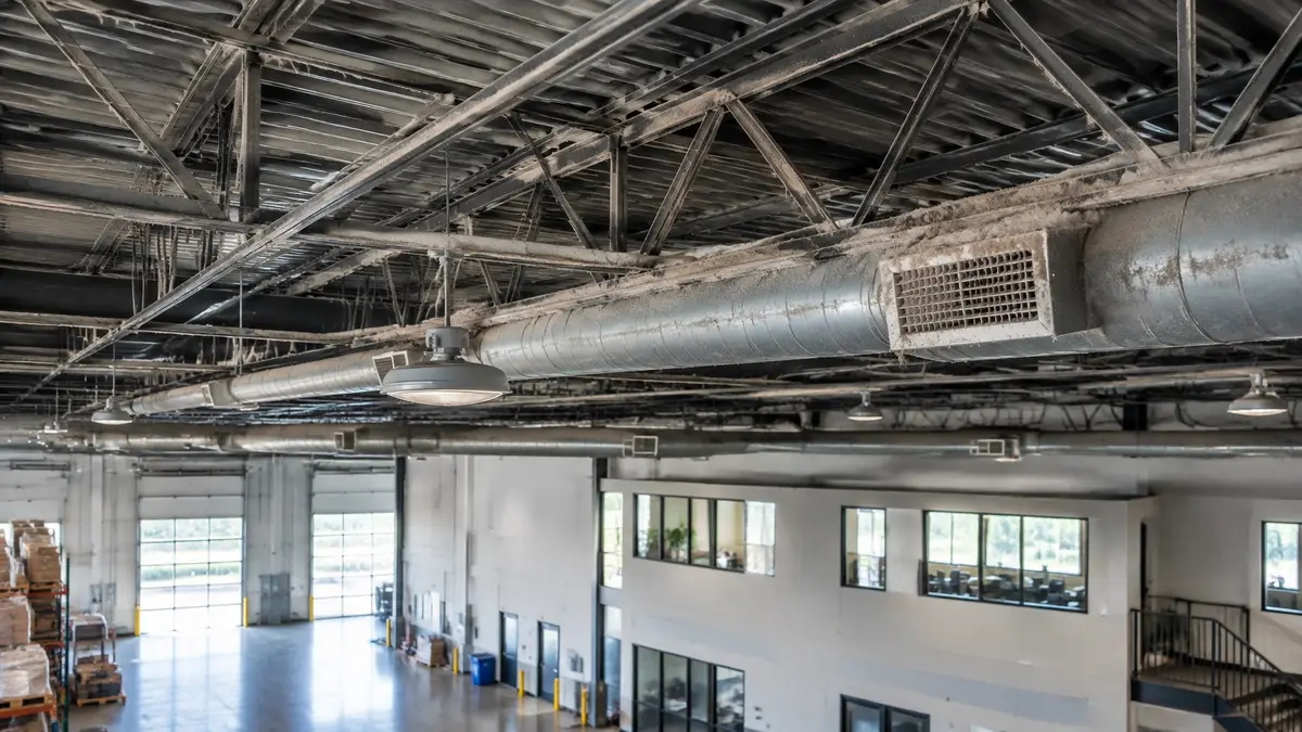 Commercial ceiling area before high dusting with visible dust on beams and vents
