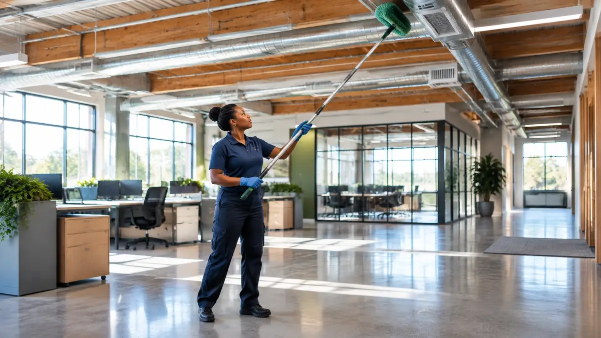 Commercial cleaner using an extendable tool to high dust ceiling beams