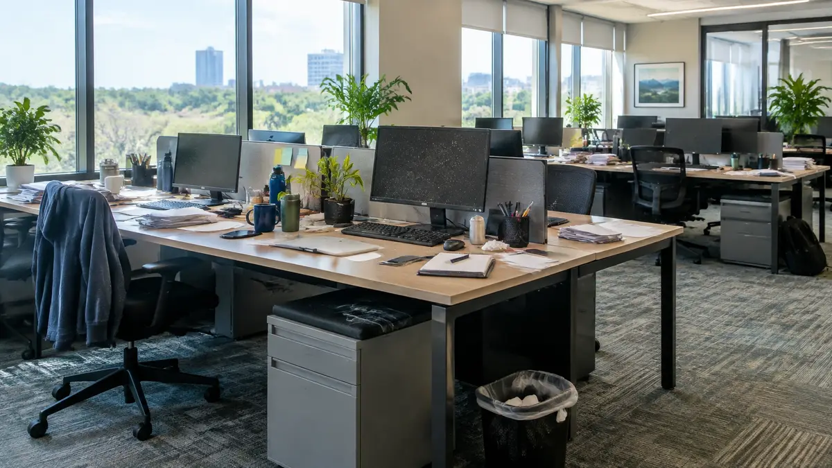 Shared commercial office before detailed cleaning with dust and workday clutter