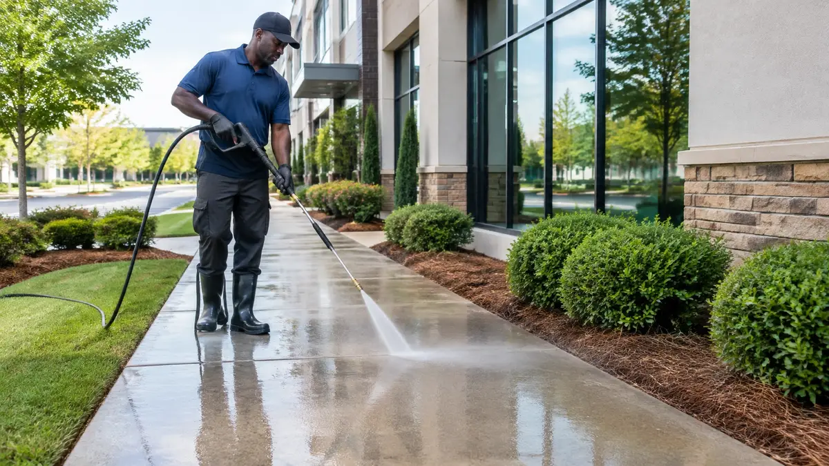 Commercial concrete walkway after pressure washing with a clean bright path