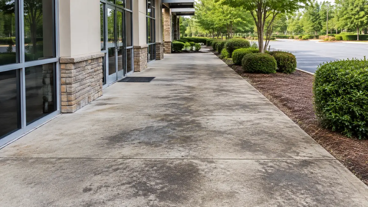 Commercial concrete walkway before pressure washing with weathered dark marks