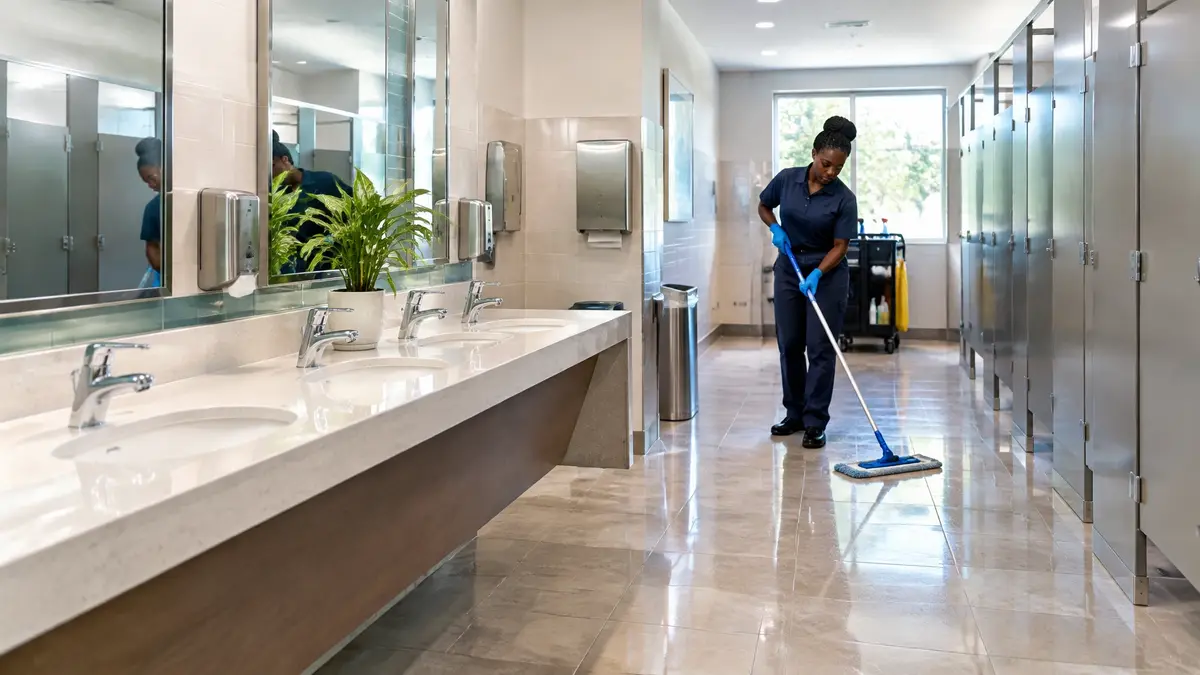 Commercial restroom after professional cleaning with bright fixtures and spotless floors