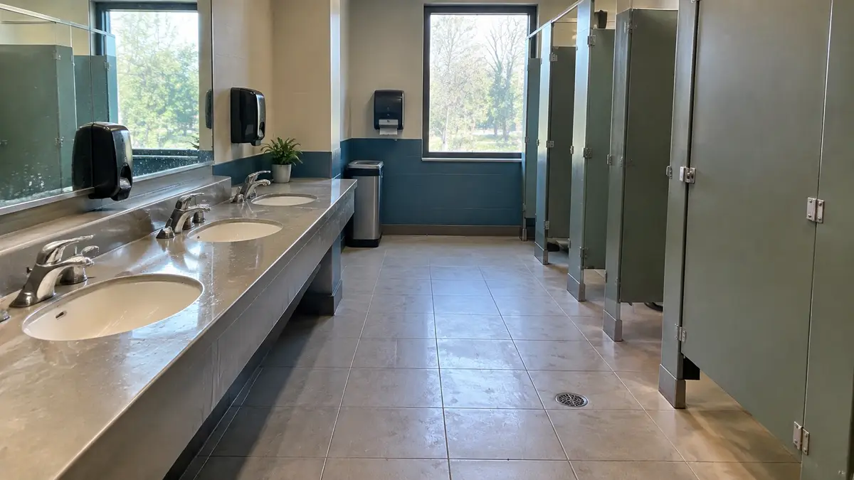 Commercial restroom before professional cleaning with dull fixtures and floor scuffs