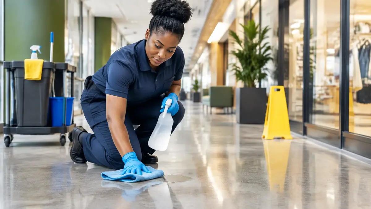 Commercial cleaner handling a spill on a hard facility floor