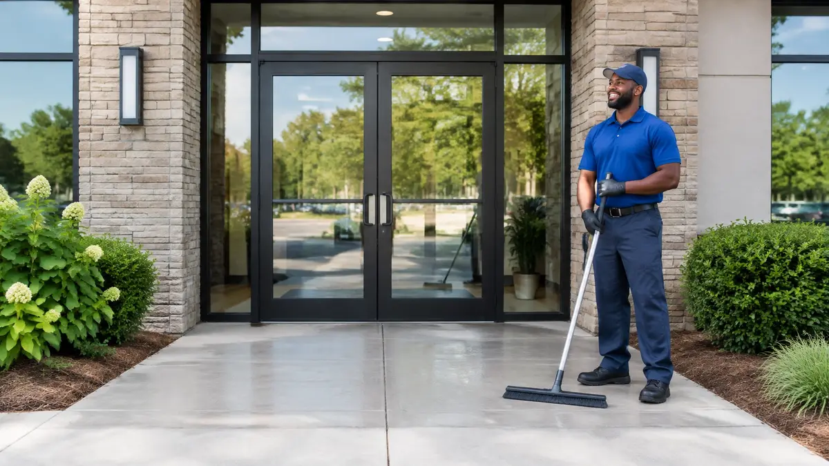 Commercial storefront entrance after exterior cleaning with a bright clean threshold