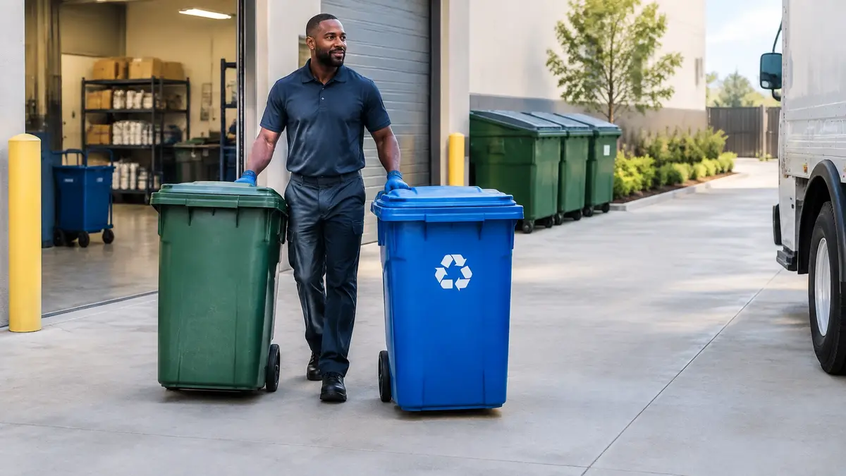 Commercial cleaner moving secured trash and recycling bins