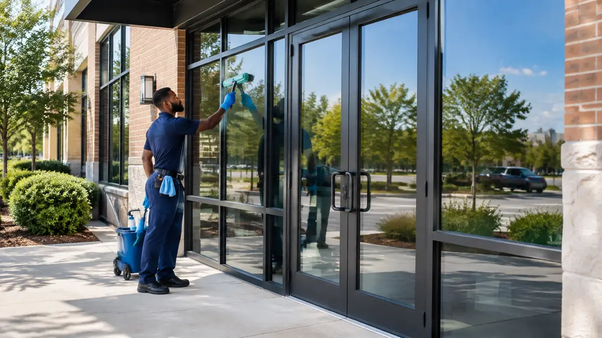 Commercial storefront windows after cleaning with clear glass and crisp reflections