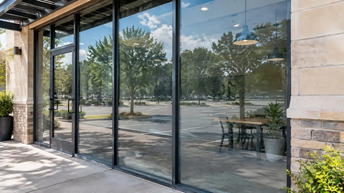 Commercial storefront windows before cleaning with dust and fingerprints
