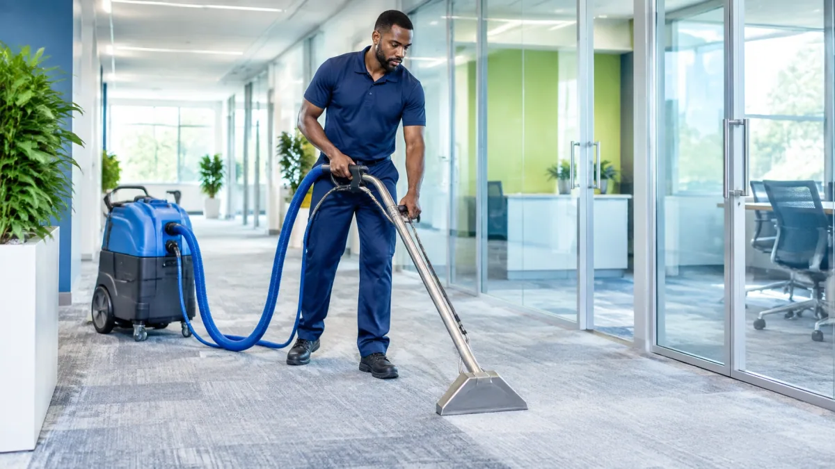 Technician using a carpet cleaning machine on an office carpet