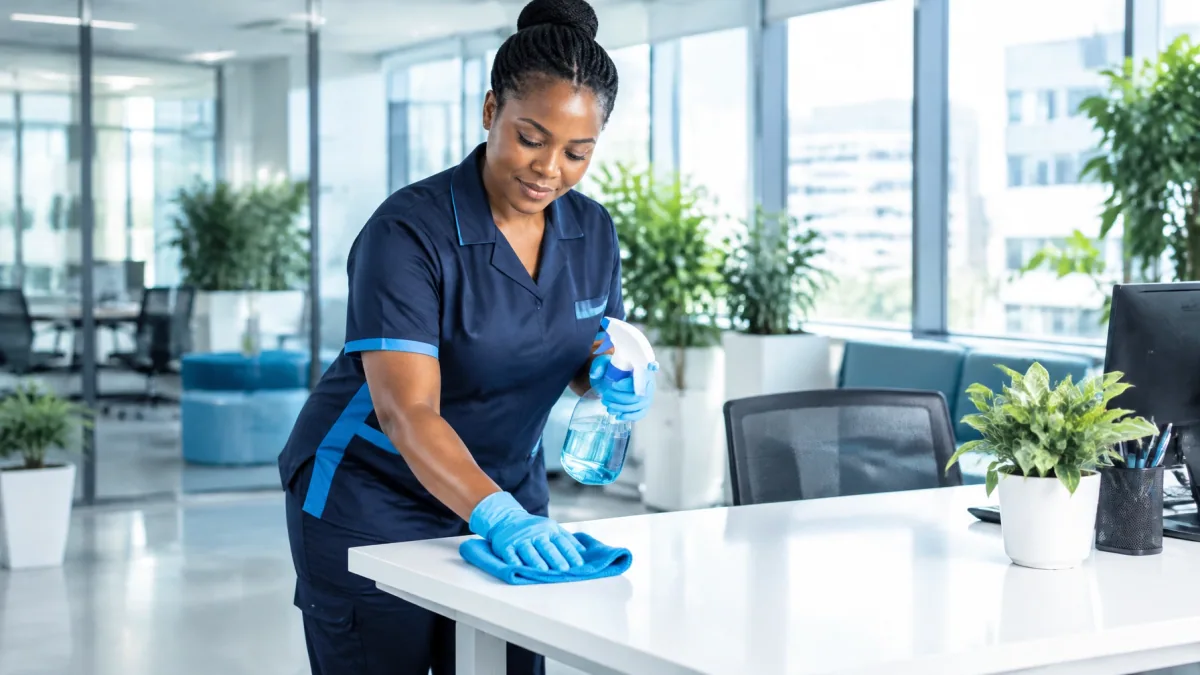 Cleaner in uniform wiping surfaces in a commercial office