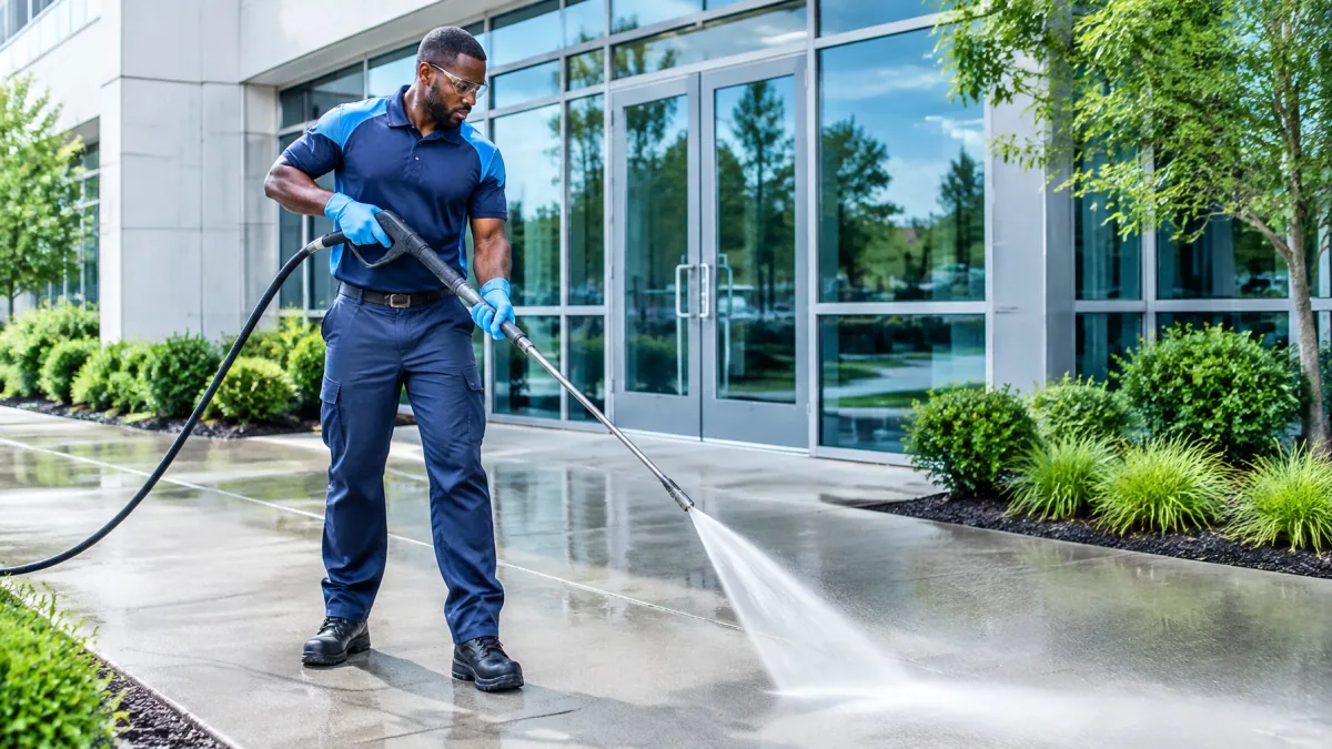 Technician pressure washing a commercial walkway