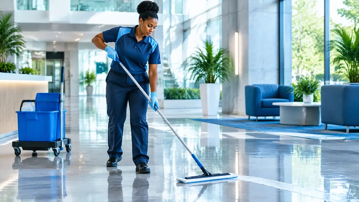 Worker applying floor finish with an applicator in a commercial lobby