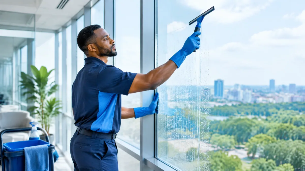 Cleaner squeegeeing large commercial windows